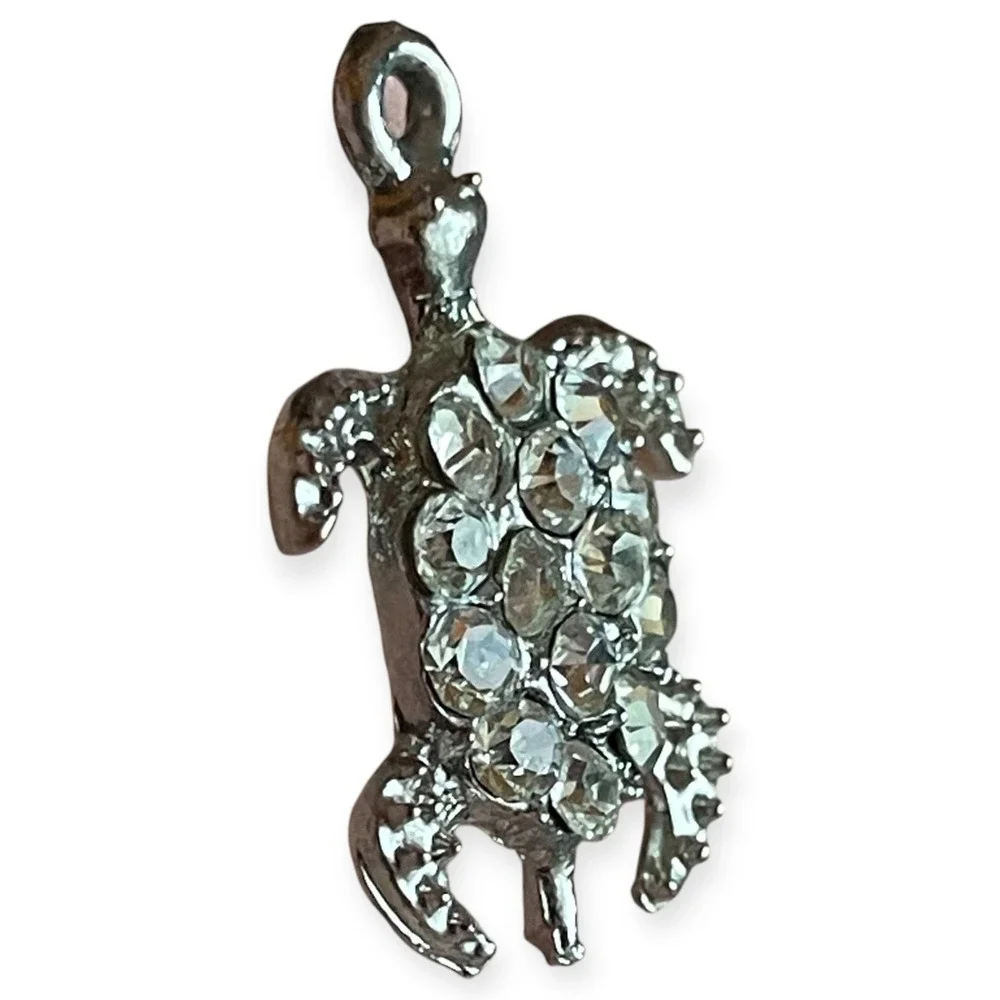 Silver Tone Cute Turtle Pendant Crystal Rhinestone Sea Life Charm Ocean Animal - Picture 2 of 4